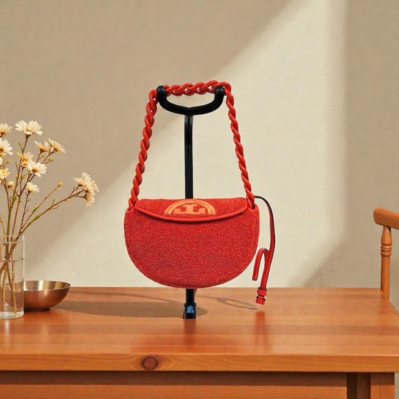 Tory Burch Handbags - Tory Burch Mini Fleming Soft Raffia Crescent Shoulder Bag Poppy Red